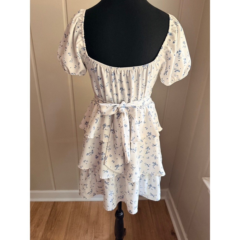 Originality Blue Floral Tiered Ruffle Mini Dress Cottagecore Puff Sleeve XS - Picture 3 of 6